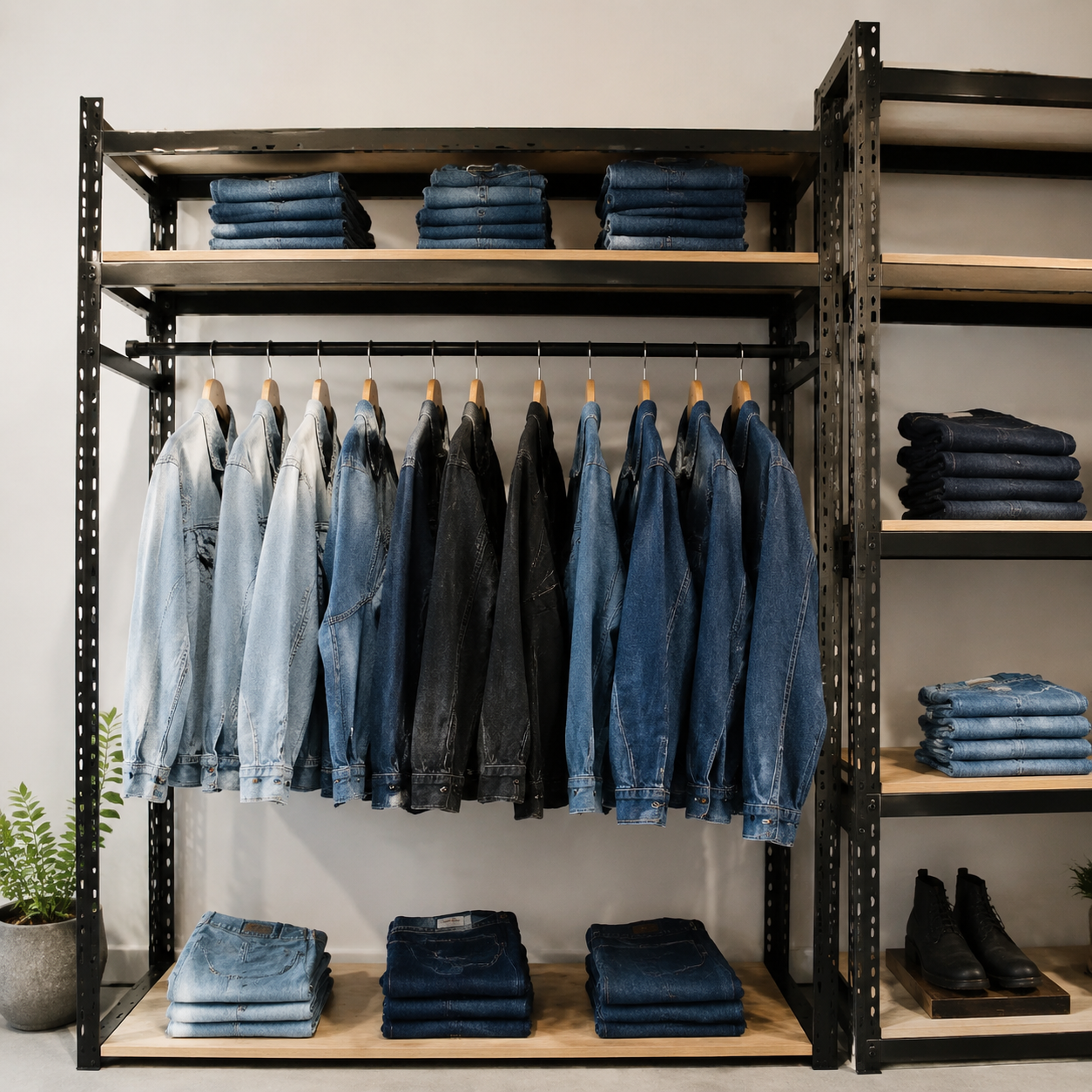 Quần jeans, áo khoác denim là mặt hàng nặng cần kệ trưng bày chắc chắn riêng Quần jeans, áo khoác denim là mặt hàng nặng cần kệ trưng bày chắc chắn riêng