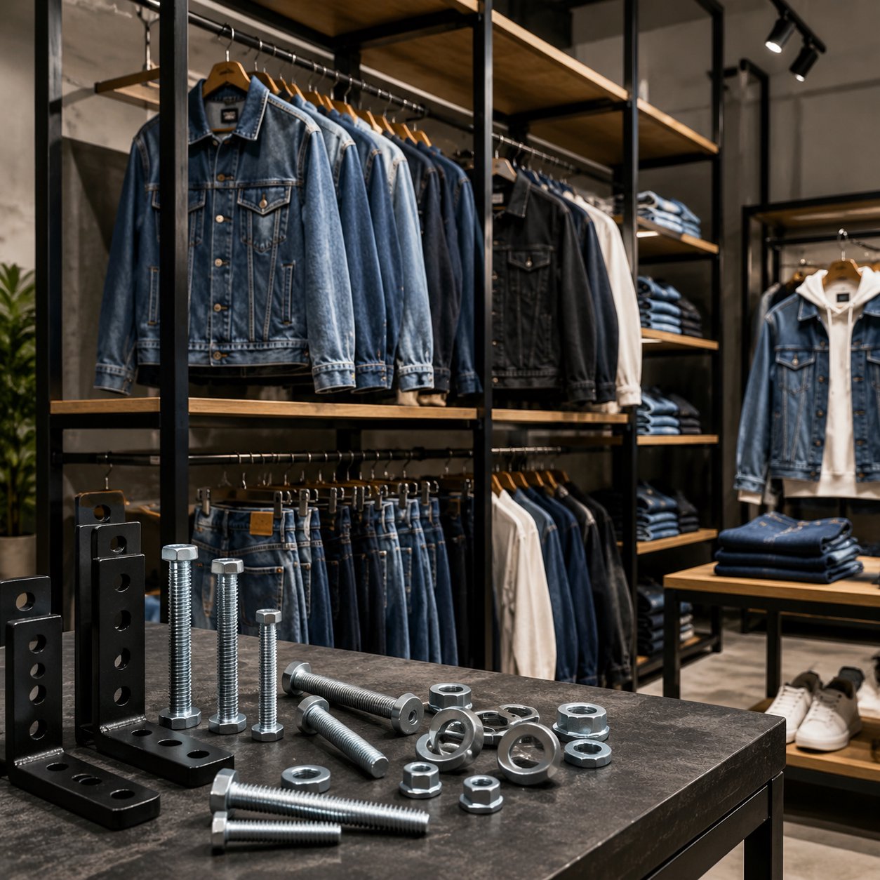 Setup Kệ Trưng Bày Quần Jeans, Áo Khoác Denim Cho Shop: Bulong Nào Giúp Kệ Chịu Tải Tốt